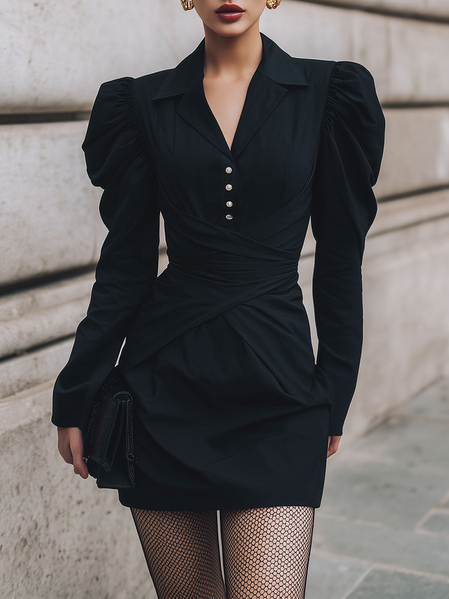 Deconstructed Gigot Sleeve Waist Pleated Mini Dress
