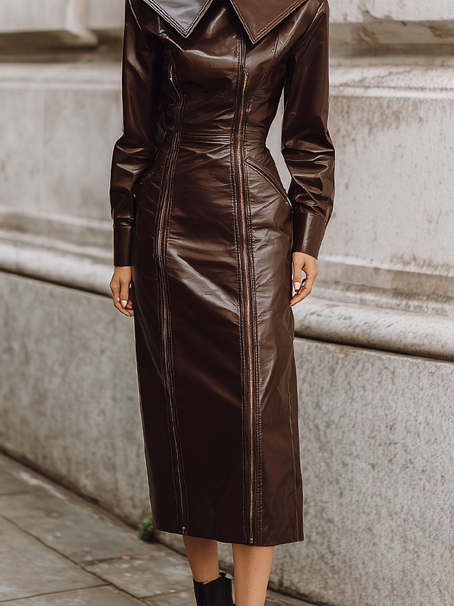 Fashion Old Money Style Double Zipper Eco-friendly Leather Midi Dress