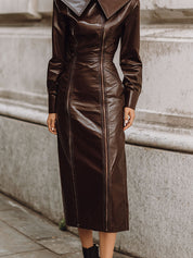 Fashion Old Money Style Double Zipper Eco-friendly Leather Midi Dress