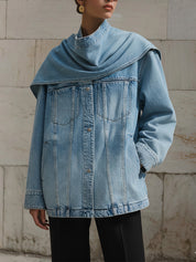 Uniquely Designed Diagonal Pocket Washed Scarf Straight Denim Jacket