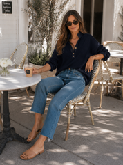 Women's Ribbed Knit Denim Collar Button Down Long Sleeve Top