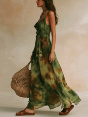 Chic Green Abstract Lightweight Silk-Like Feminine Silhouette Maxi Dress