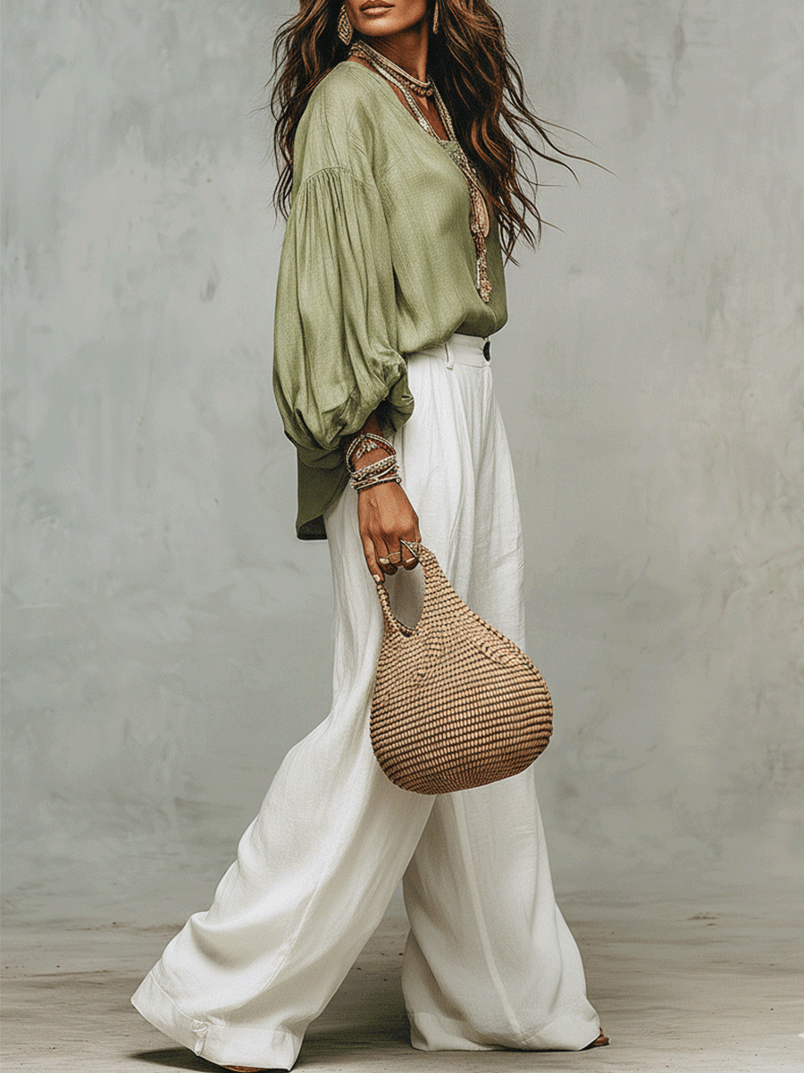Sage Linen Blouse & Relaxed White Trousers Everyday Escape Set