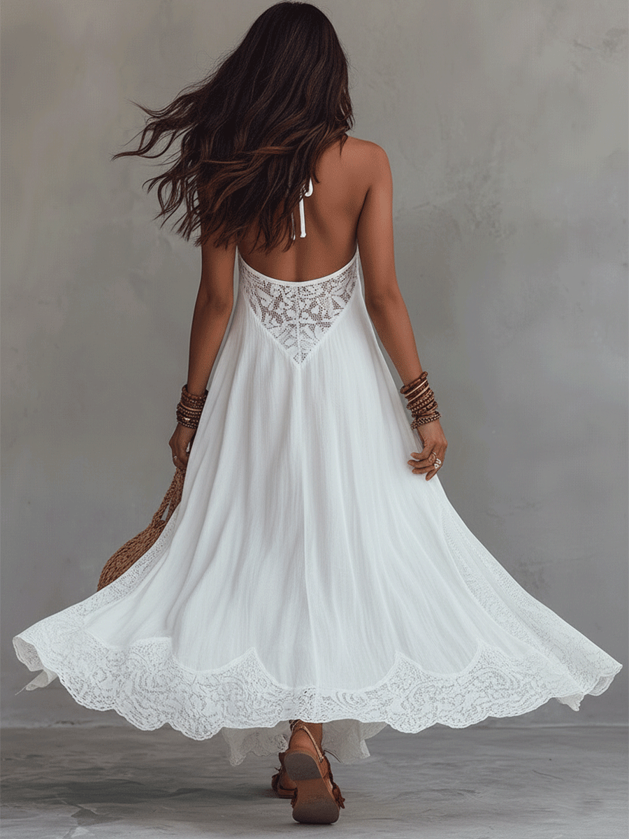 Effortless Boho Lace Halter Neck Flowy Lightweight Maxi Dress