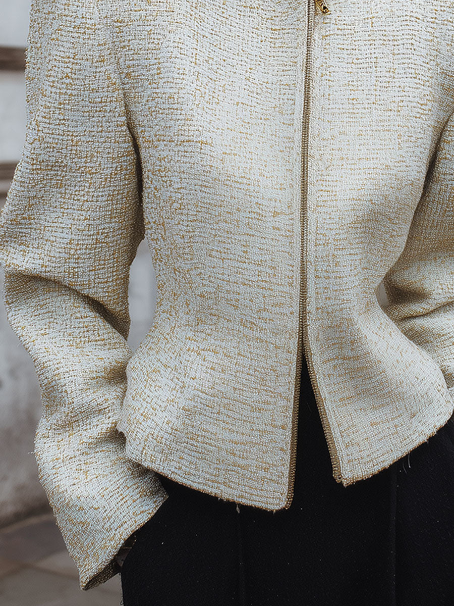 Minimalist Tweed Shoulder-padded Front-zip X-fit Jacket