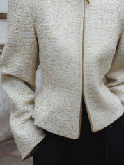 Minimalist Tweed Shoulder-padded Front-zip X-fit Jacket