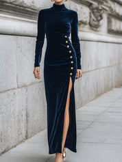 Minimalist Luxury High-Slit Corduroy Dress With Gold Button Detailing
