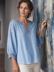 Delicate Sky Blue Lace Trim Blouse