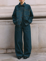 Minimalist Denim Topstitched Loose Shoulder Jacket & Straight Pants Set
