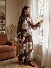 Floral Print High Neck Long Sleeve Chiffon Maxi Dress