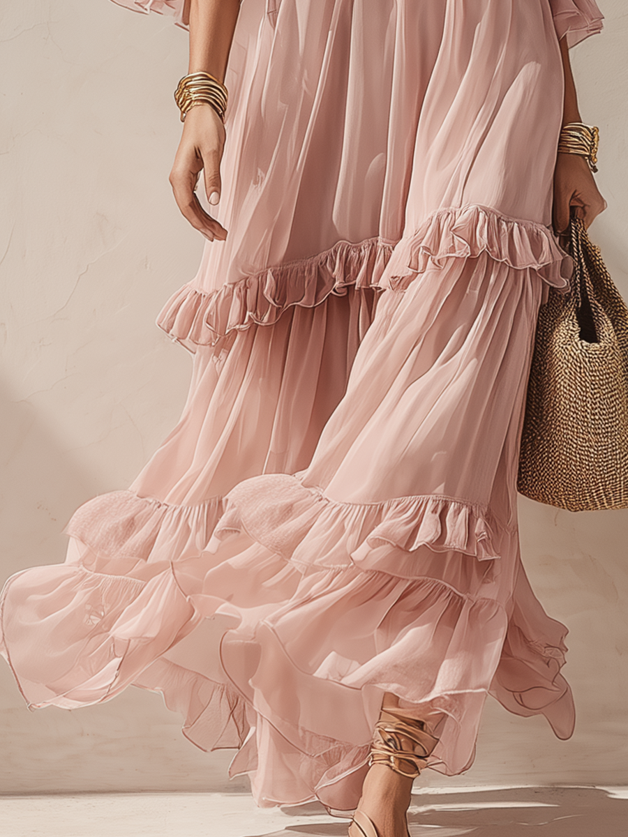 Romantic Blush Tiered Ruffle Maxi Dress