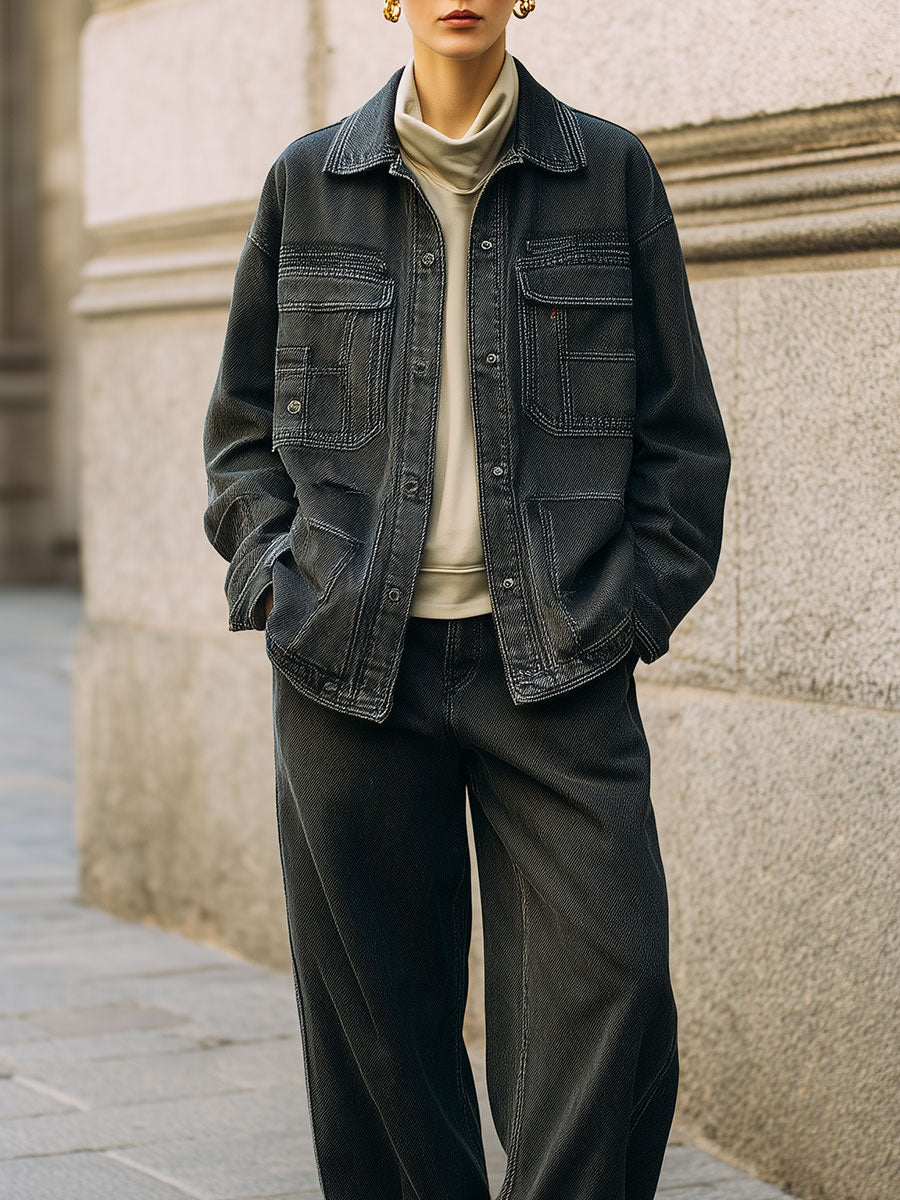 Deconstructed Commuting Washed Denim Jacket & Straight Pants Set