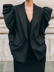 Modern Classic Puff StructuredSleeves Black Wool Blazer