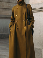 90s Minimalist High Collar Double Breasted Woolen Coat With Diagonal Placket