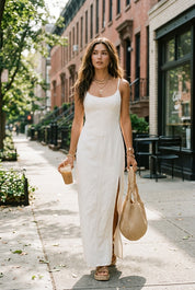 Elegant White Minimal Strappy Slit Maxi Dress