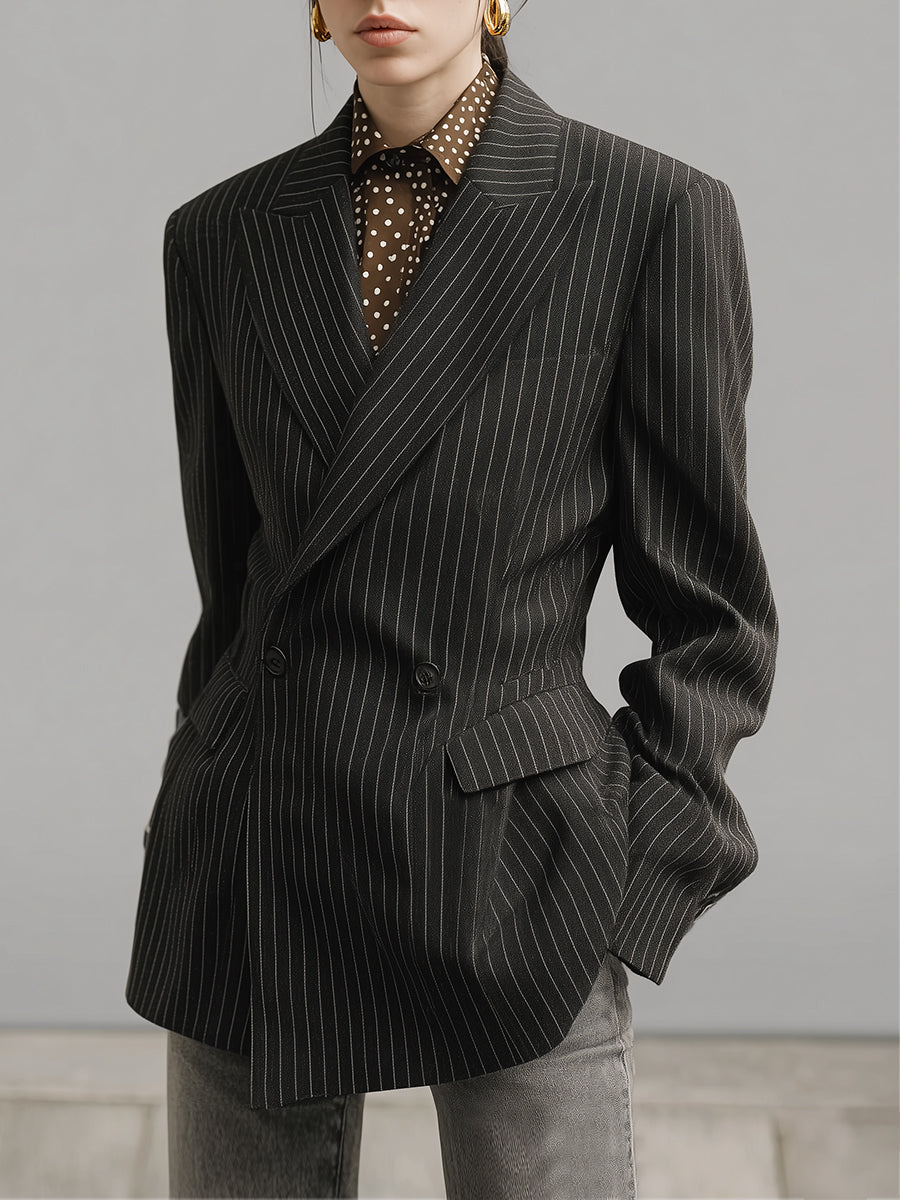 Classic Old Money Striped Lapel Straight Blazer