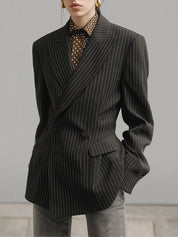 Classic Old Money Striped Lapel Straight Blazer
