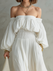 Romantic Off-white Off-the-shoulder Midi Dress