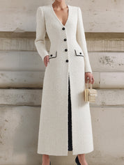 Androgynous Chic V-neck Tweed Contrast Pocket Waist Maxi Dress