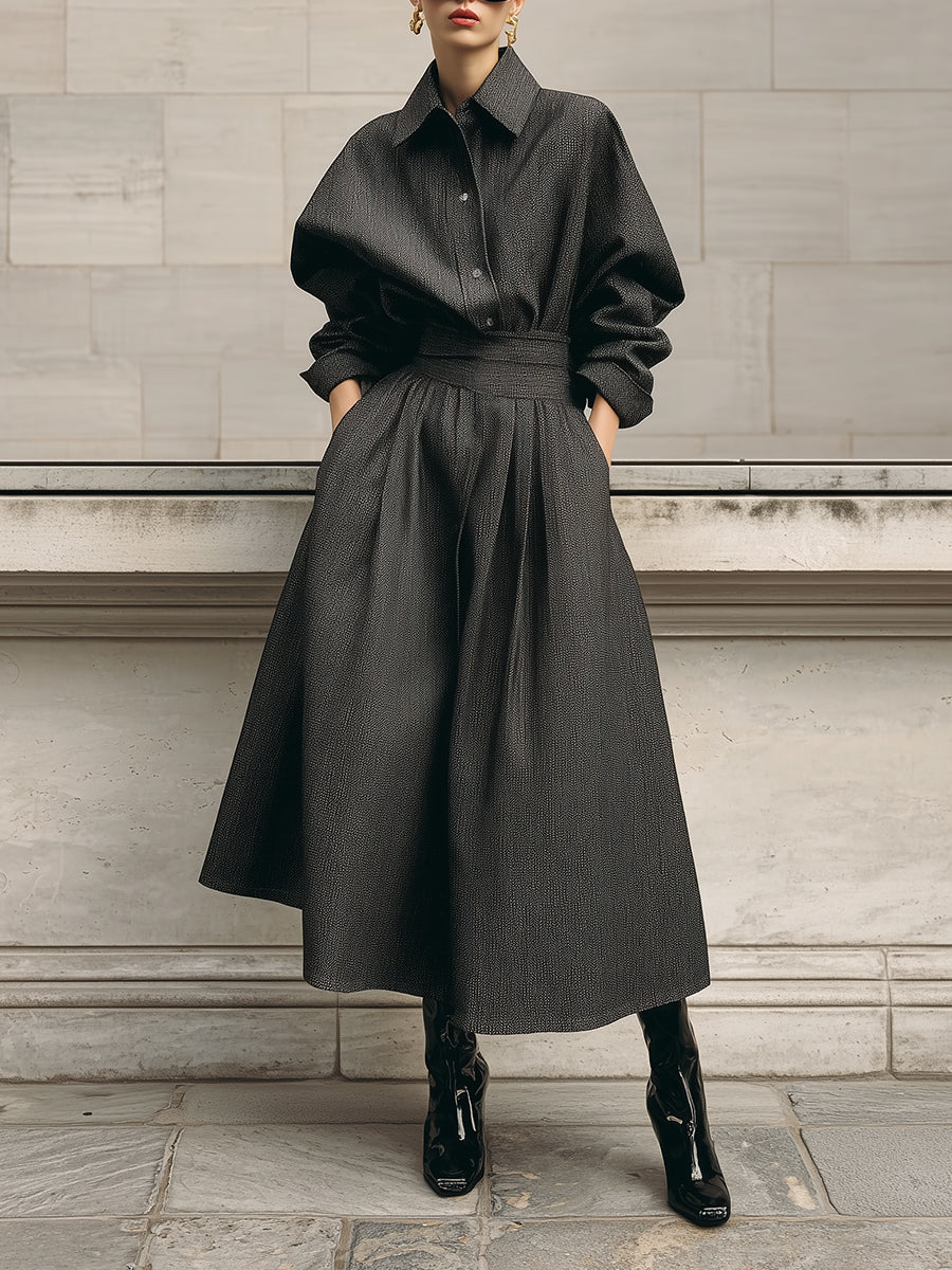 Minimalist Oversized Blouse & Waist Pleated Diagonal Pockets Skirt Set