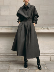Minimalist Oversized Blouse & Waist Pleated Diagonal Pockets Skirt Set