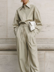 Minimalist Drop Shoulder Blouse & Pleated Waist Strapped Straight Pants Set