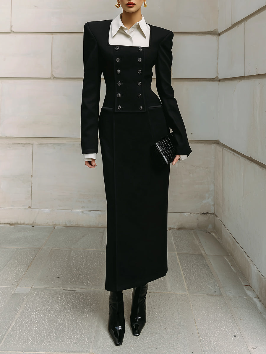 Androgynous Chic Double-breasted Shirt Collar Patchwork Slim Maxi Dress