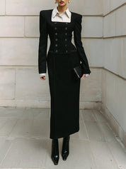 Androgynous Chic Double-breasted Shirt Collar Patchwork Slim Maxi Dress