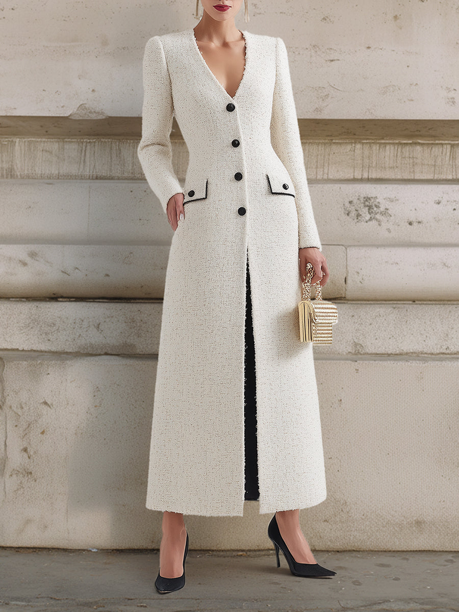 Androgynous Chic V-neck Tweed Contrast Pocket Waist Maxi Dress