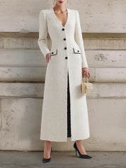 Androgynous Chic V-neck Tweed Contrast Pocket Waist Maxi Dress