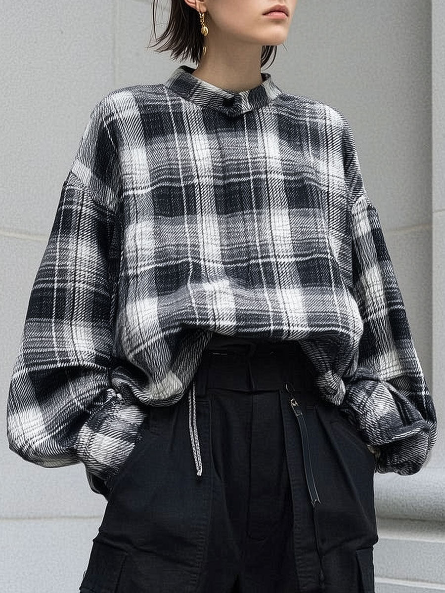 Casual Plaid Oversized Dropped Shoulder Sleeves Blouse