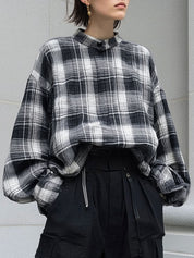 Casual Plaid Oversized Dropped Shoulder Sleeves Blouse