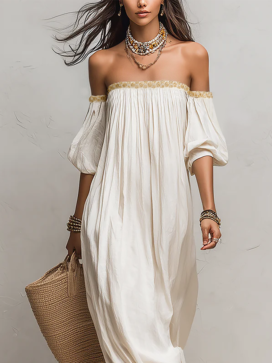 Bohemian Style Off-the-shoulder Pleated Ivory Long Dress
