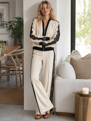 Sport Luxe Lace Panel Bomber Jacket & Wide Leg Pants Set