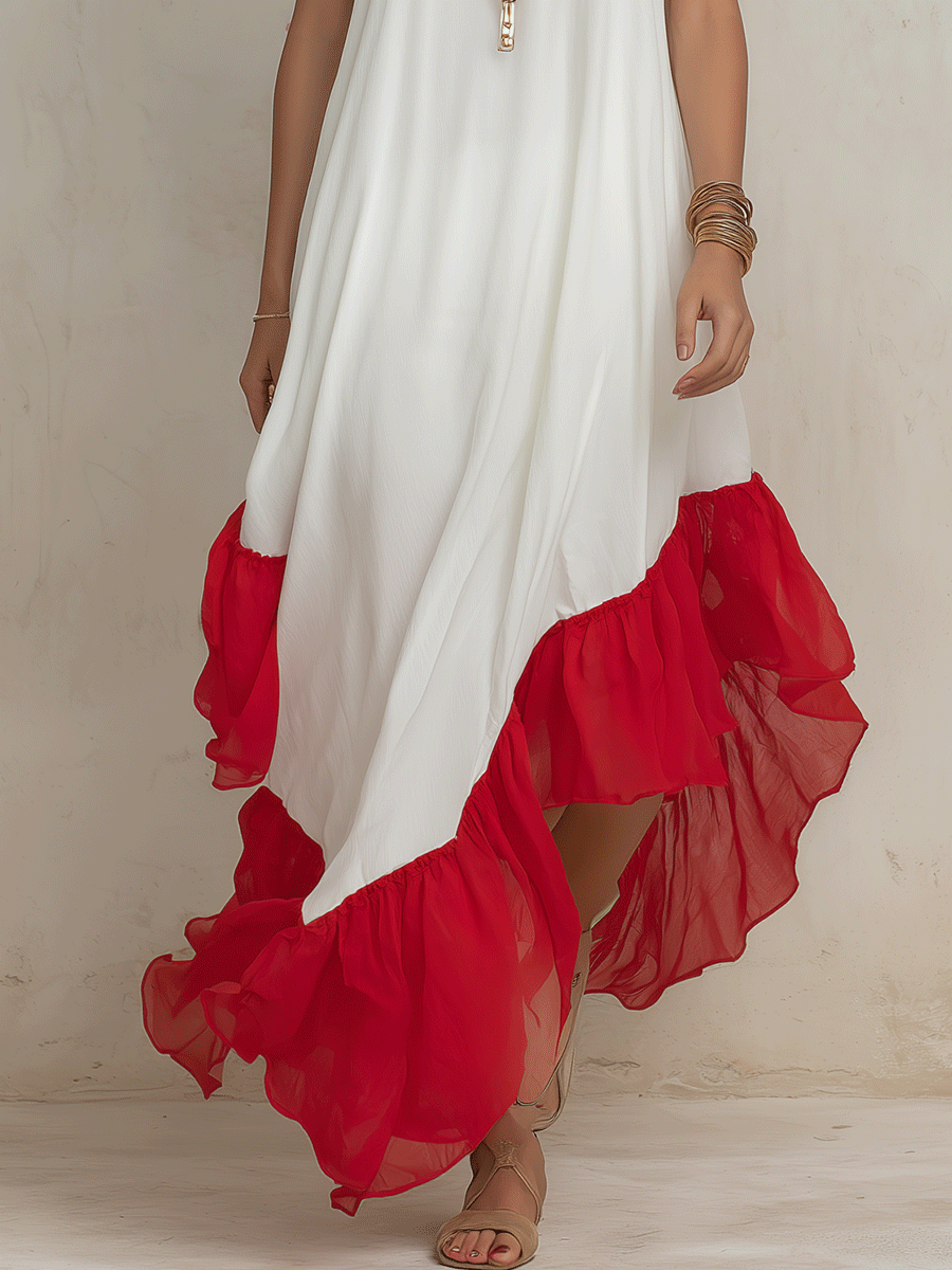 Boho Chic Chiffon Contrast-Ruffle Asymmetric White & Red Maxi Dress