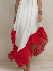 Boho Chic Chiffon Contrast-Ruffle Asymmetric White & Red Maxi Dress