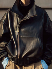 Minimalist Oversized Stand Collar Slant Placket Eco-friendly Leather Jacket