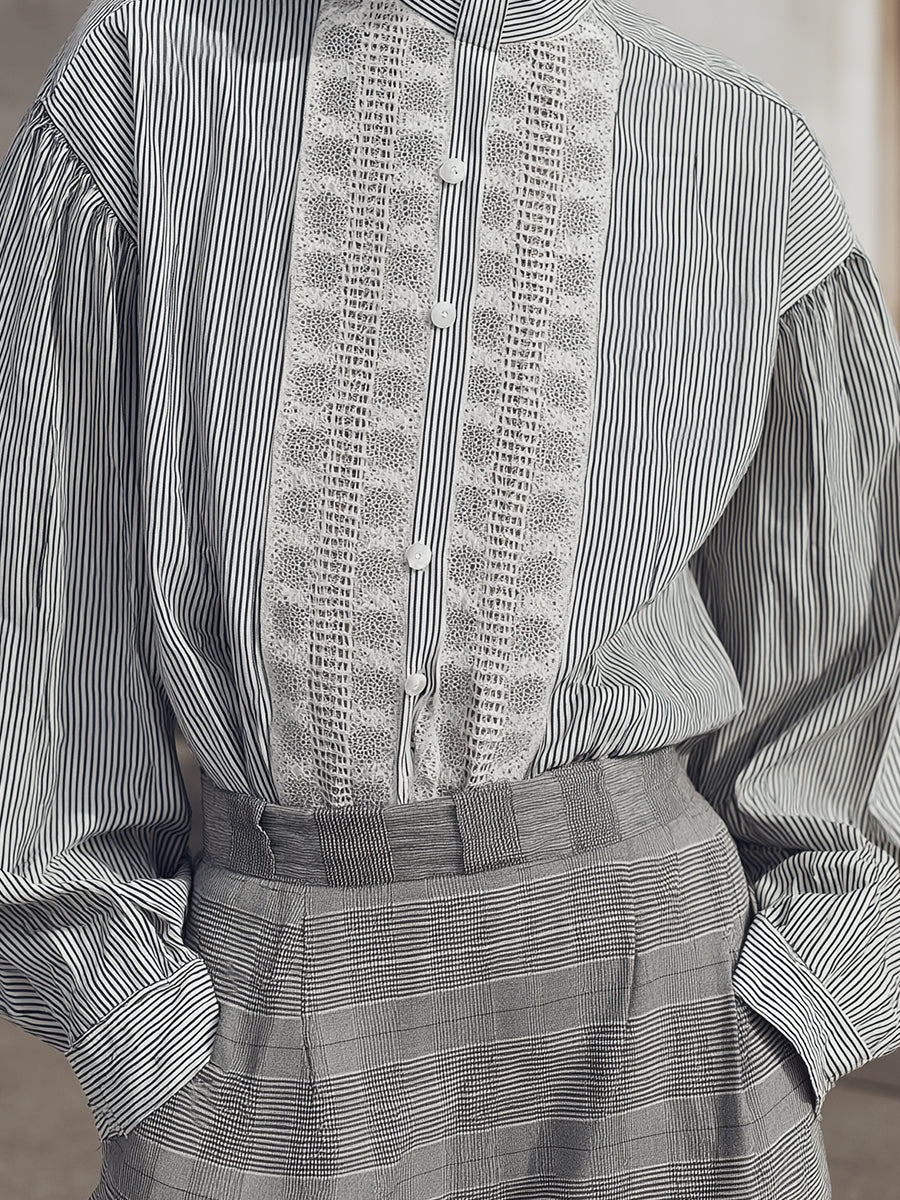 Classic Timeless Striped Mandarin-Collar Lace Panel Shirt