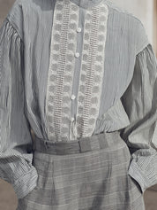 Classic Timeless Striped Mandarin-Collar Lace Panel Shirt