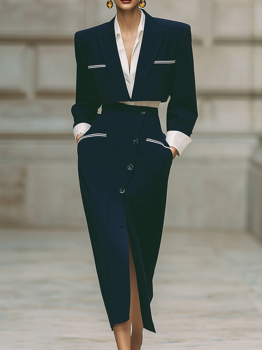 Minimalist Short Patchwork Jacket & Diagonal Placket Front Slit Skirt Set