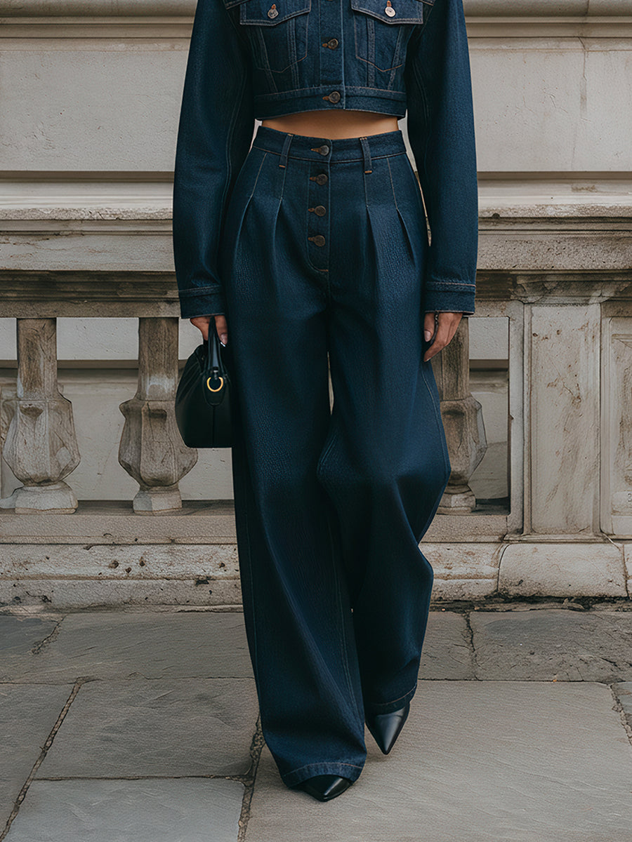Minimalist Washed Cropped Boxy Jacket & Waist Pinched Wide-leg Pants Set