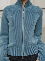 Minimalist Turtleneck Front Zipper Raglan Sleeves Slim Fit Knitted Cardigan