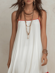Boho Chic Chiffon Contrast-Ruffle Asymmetric White & Red Maxi Dress