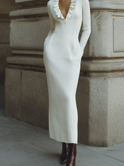 Minimalist Fine Knit Ruffle Neckline Slim Fit Midi Dress