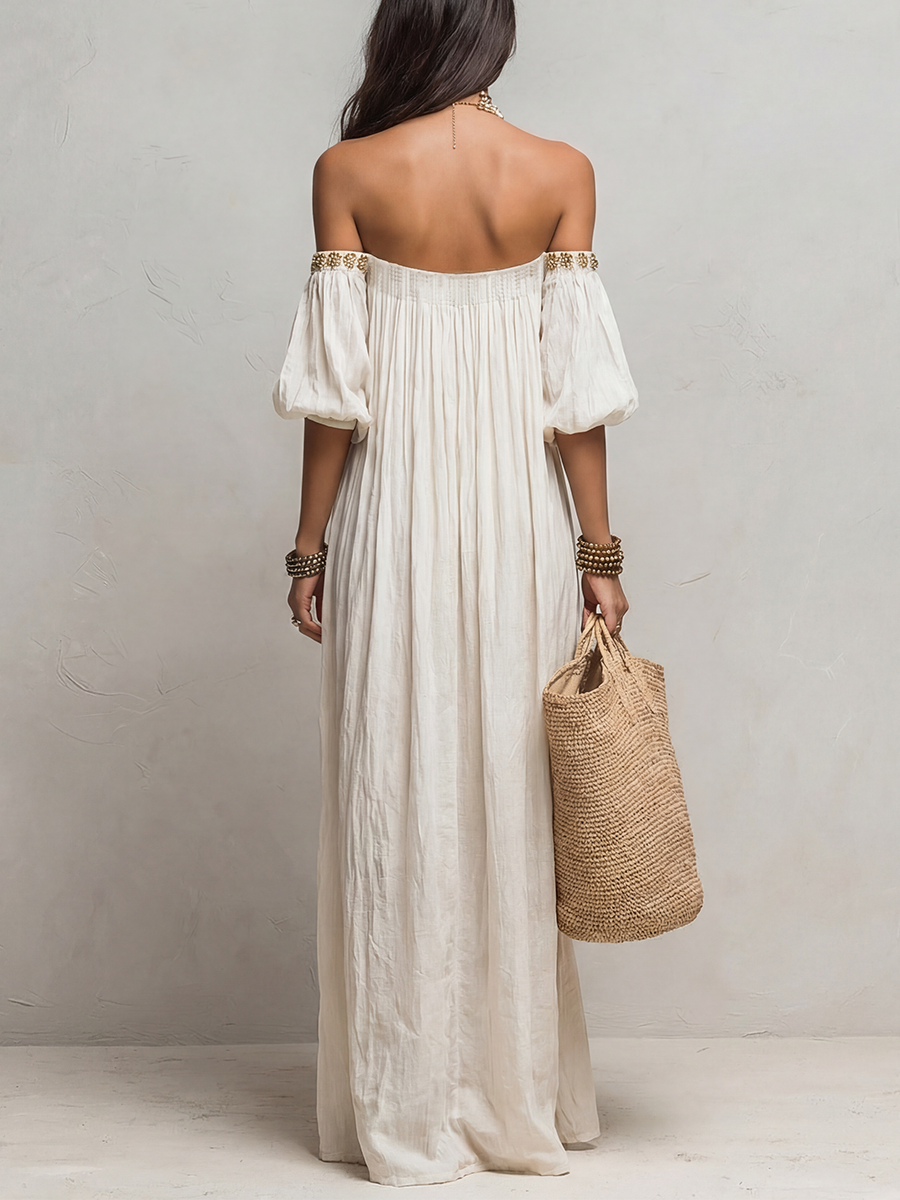 Bohemian Style Off-the-shoulder Pleated Ivory Long Dress