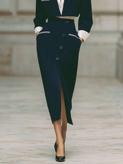 Minimalist Short Patchwork Jacket & Diagonal Placket Front Slit Skirt Set
