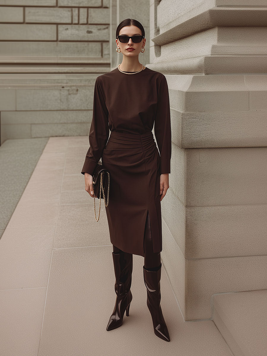 Deconstructed Pleated Waist Midi Dress With Front Slit