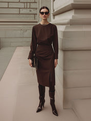 Deconstructed Pleated Waist Midi Dress With Front Slit