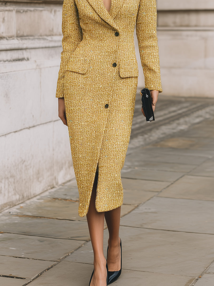 Old Money Sequined Tweed Lapel Oblique Placket Midi Dress