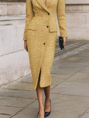 Old Money Sequined Tweed Lapel Oblique Placket Midi Dress
